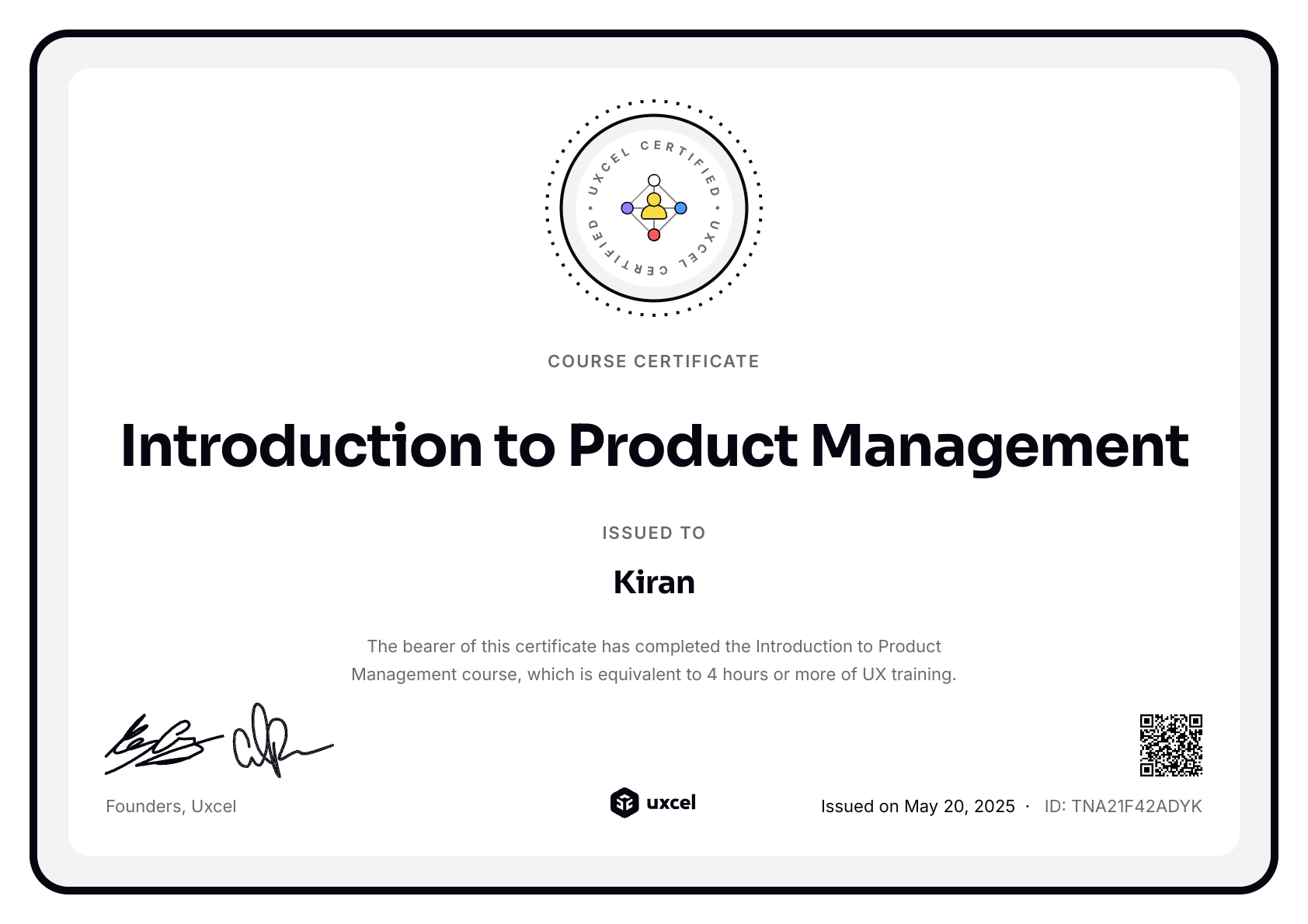 Kiran's certificate